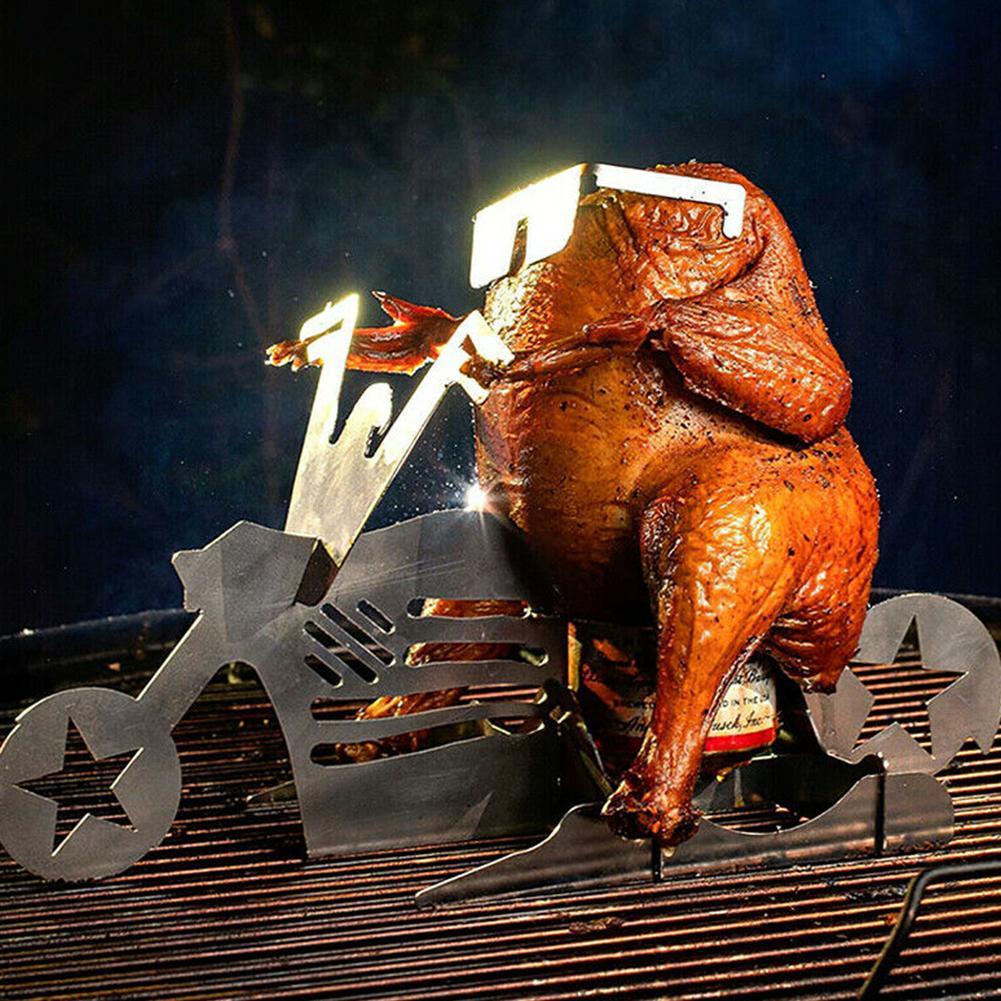 Funny American Motorcycle BBQ SteelChicken Stand With Beer Can Holder for Grilling